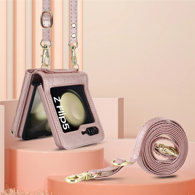 ZD 03 Phone Case for Samsung Galaxy Z Flip5 5G PU Leather + PC RFID Blocking Wallet Cover with Strap - Rose Gold