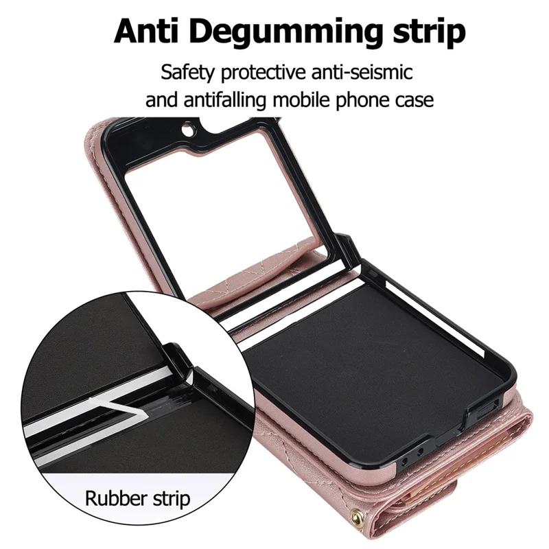 ZD 03 Phone Case for Samsung Galaxy Z Flip5 5G PU Leather + PC RFID Blocking Wallet Cover with Strap - Rose Gold