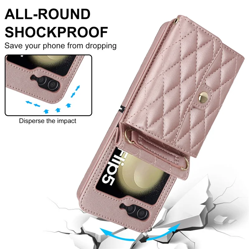 ZD 03 Phone Case for Samsung Galaxy Z Flip5 5G PU Leather + PC RFID Blocking Wallet Cover with Strap - Rose Gold