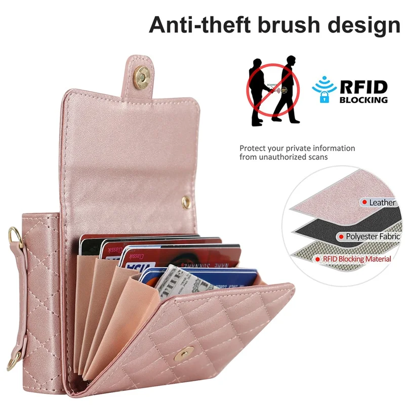 ZD 03 Phone Case for Samsung Galaxy Z Flip5 5G PU Leather + PC RFID Blocking Wallet Cover with Strap - Rose Gold