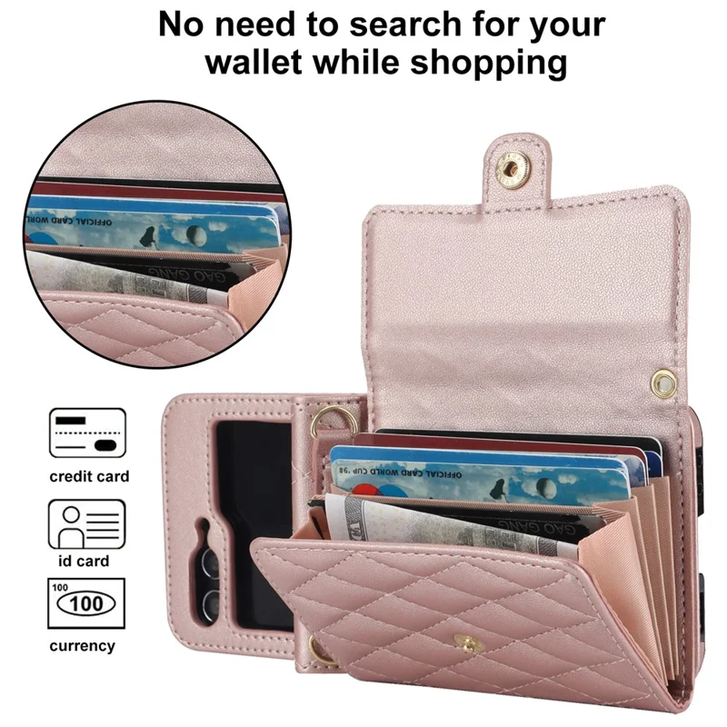 ZD 03 Phone Case for Samsung Galaxy Z Flip5 5G PU Leather + PC RFID Blocking Wallet Cover with Strap - Rose Gold