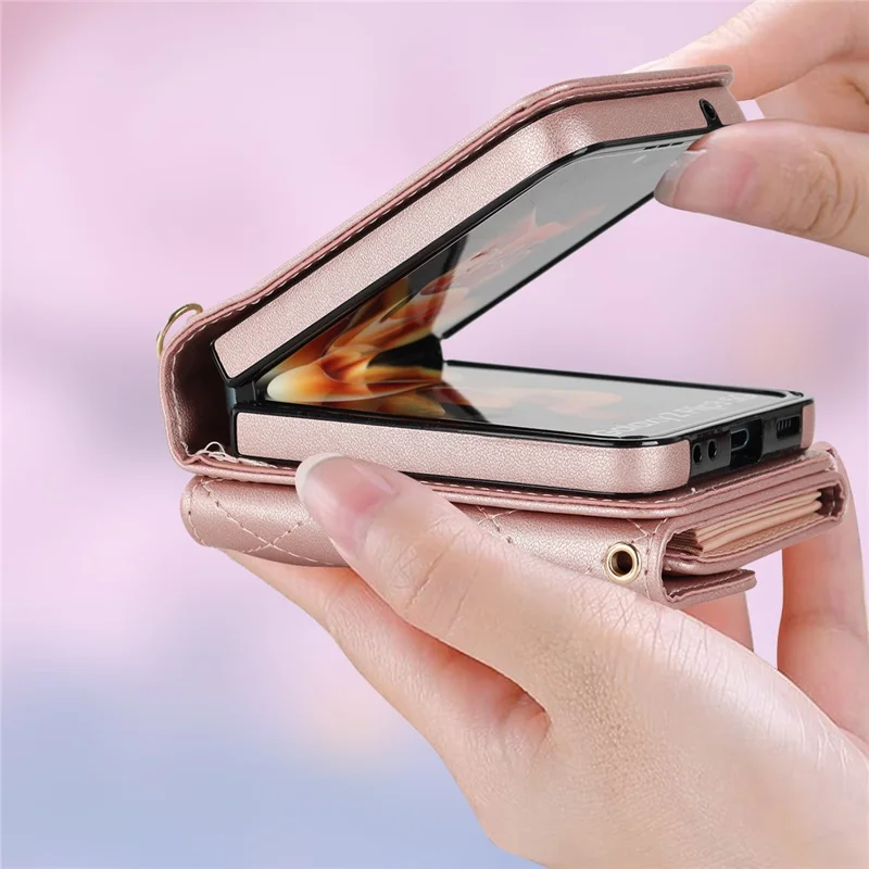 ZD 03 Phone Case for Samsung Galaxy Z Flip5 5G PU Leather + PC RFID Blocking Wallet Cover with Strap - Rose Gold