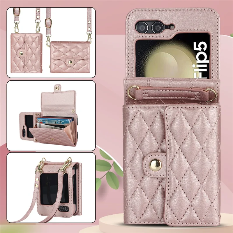 ZD 03 Phone Case for Samsung Galaxy Z Flip5 5G PU Leather + PC RFID Blocking Wallet Cover with Strap - Rose Gold