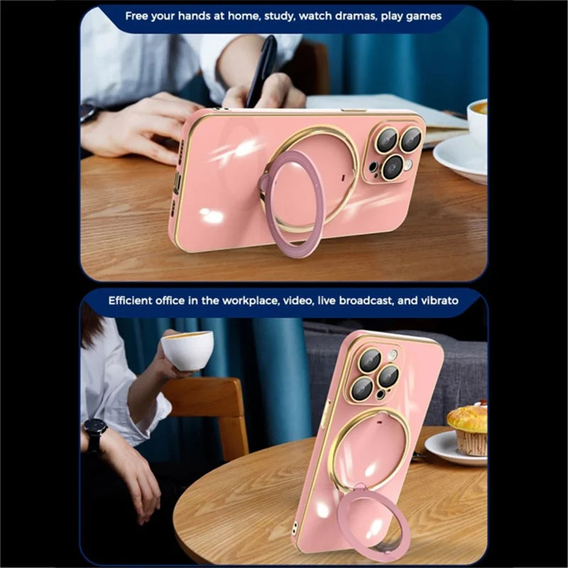 For iPhone 14 Pro Max Electroplating Kickstand Phone Case Soft TPU Cover with Lens Protector - Pink