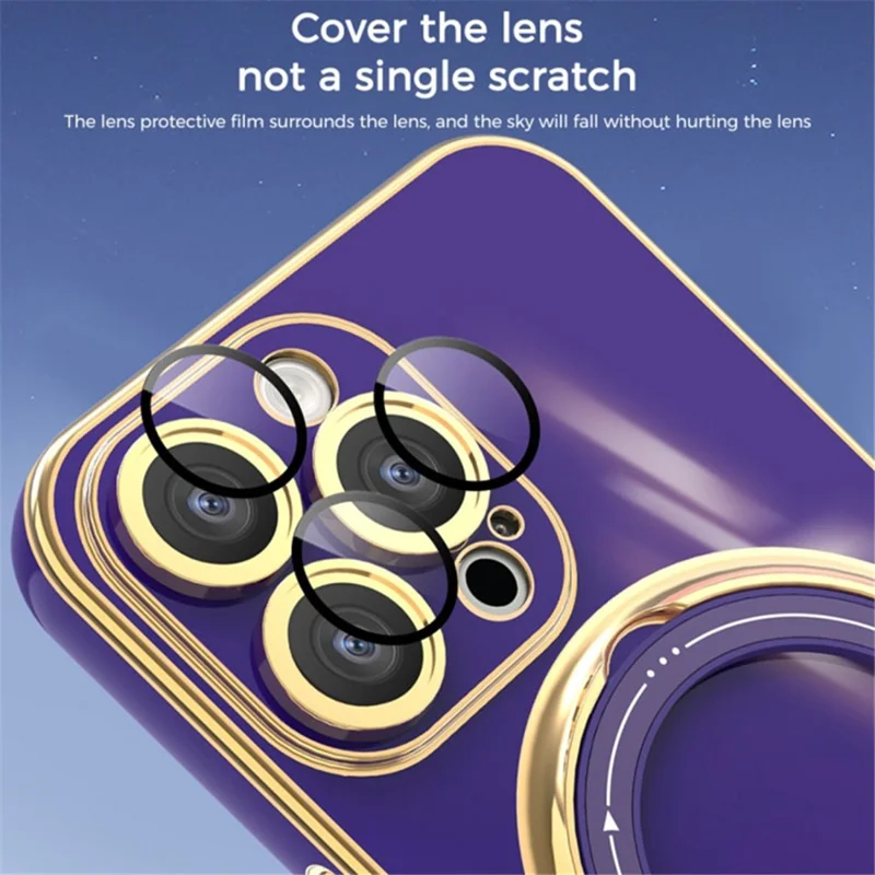 Voor iPhone 15 Pro Galvanische Telefoonhoes Zachte TPU Standaard Beschermende Hoes met Lensbeschermer - Donkerpaars