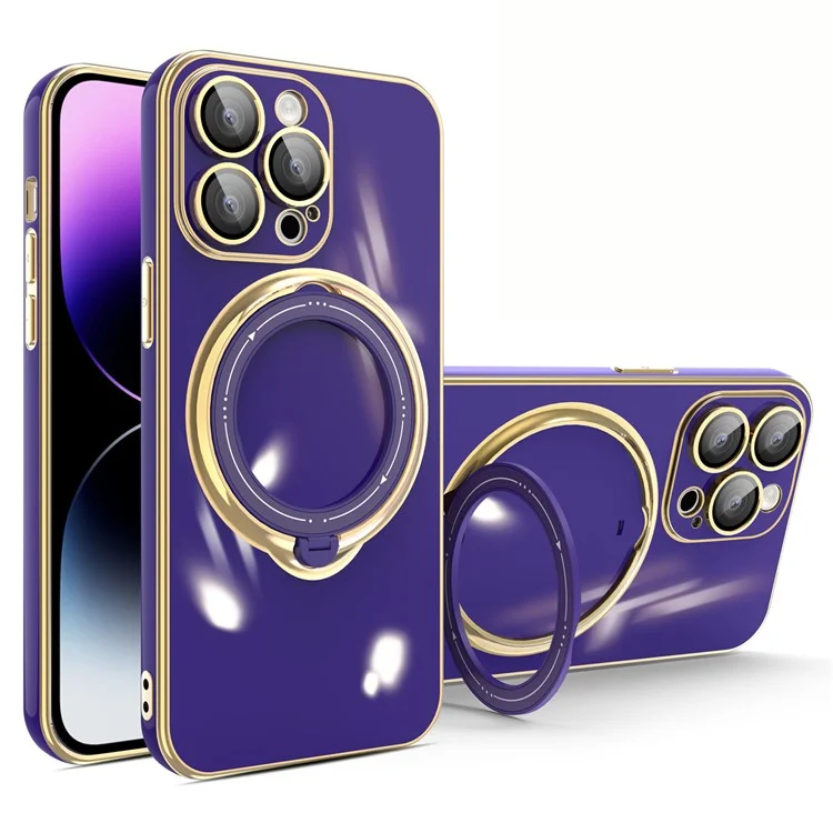 For iPhone 15 Pro Max Electroplating Soft TPU Case Rotary Kickstand Phone Cover with Lens Protector - Dark Purple