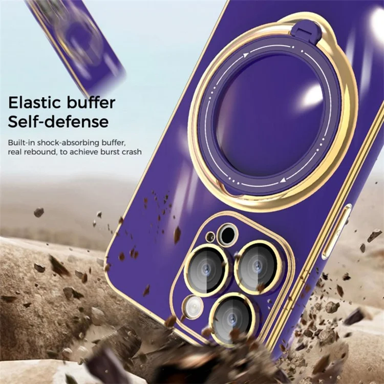 For iPhone 15 Pro Max Electroplating Soft TPU Case Rotary Kickstand Phone Cover with Lens Protector - Dark Purple