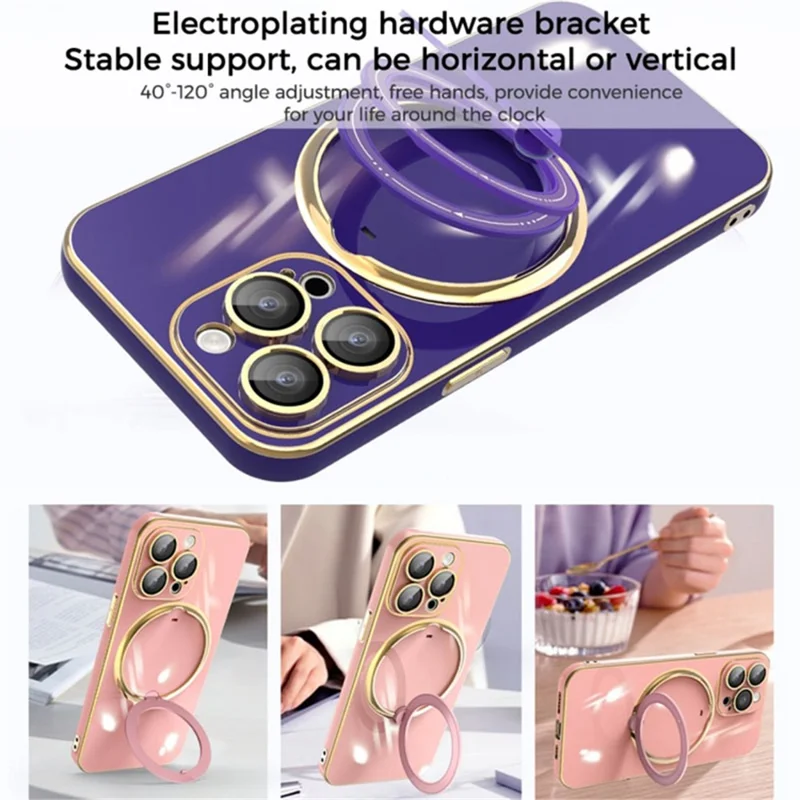 Pour iPhone 15 Pro Max Electroplating Soft TPU Case Rotary Kickstand Phone Cover avec Lens Protector - Rose