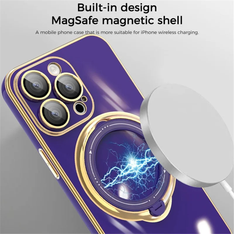 Pour iPhone 15 Pro Max Electroplating Soft TPU Case Rotary Kickstand Phone Cover avec Lens Protector - Rose