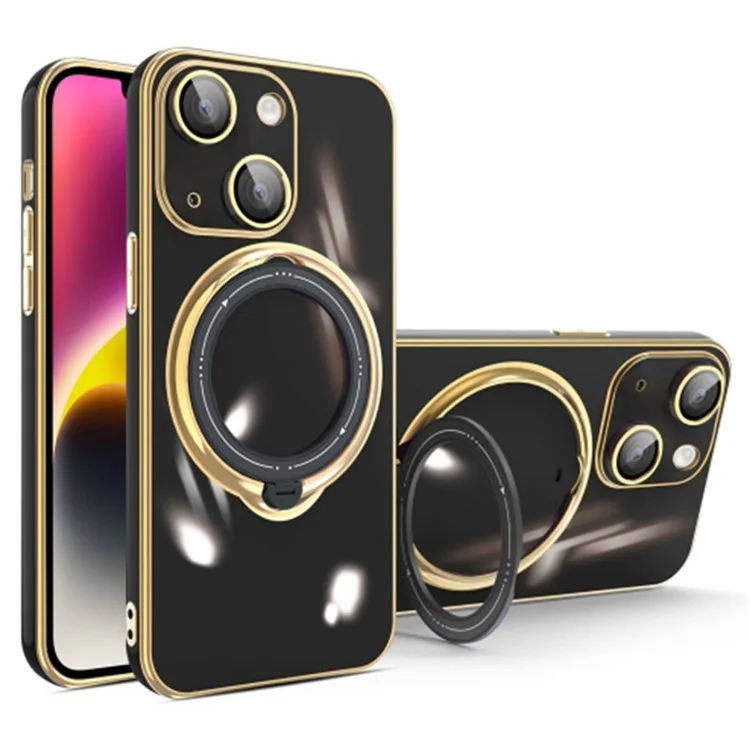 For iPhone 15 Kickstand Phone Case Soft TPU Electroplating Cover with Lens Protector - Black