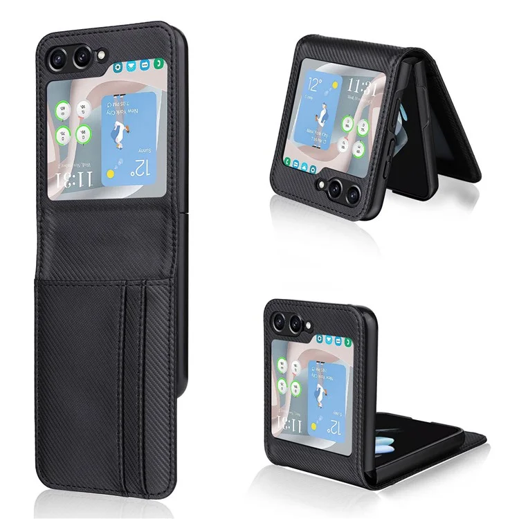 For Samsung Galaxy Z Flip5 5G Card Holder Phone Case Carbon Fiber Texture PU Leather Phone Cover - Black