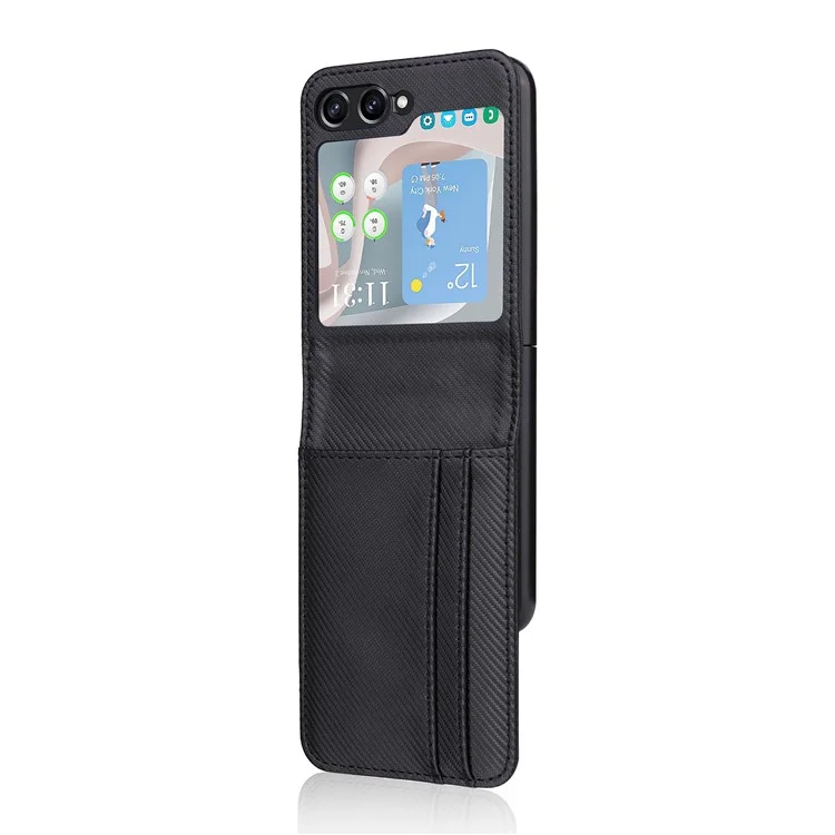 For Samsung Galaxy Z Flip5 5G Card Holder Phone Case Carbon Fiber Texture PU Leather Phone Cover - Black