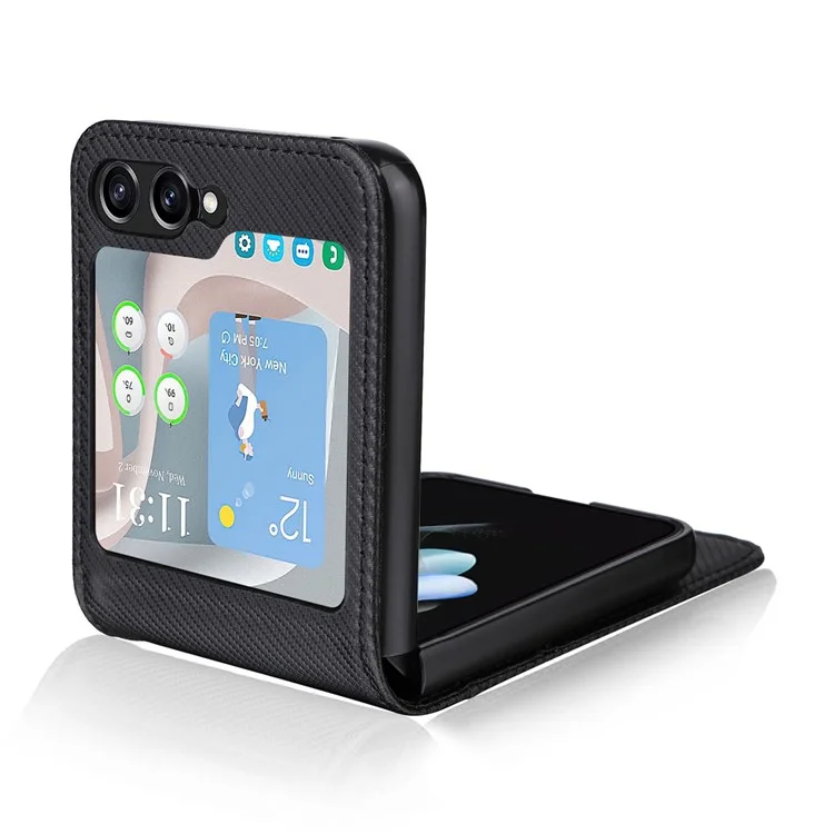For Samsung Galaxy Z Flip5 5G Card Holder Phone Case Carbon Fiber Texture PU Leather Phone Cover - Black