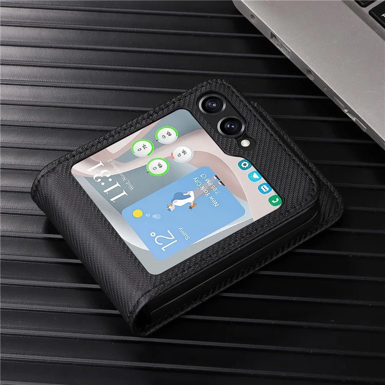 For Samsung Galaxy Z Flip5 5G Card Holder Phone Case Carbon Fiber Texture PU Leather Phone Cover - Black