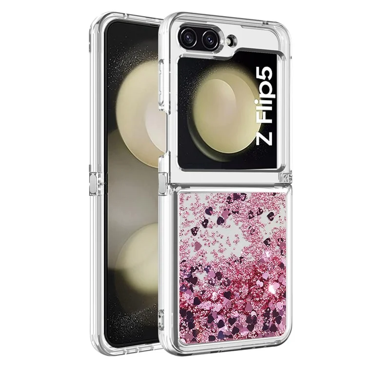 YB Quicksand Series-1 Liquid Phone Case for Samsung Galaxy Z Flip5 5G, Funda protectora de TPU suave con purpurina flotante - Oro rosa / Corazones