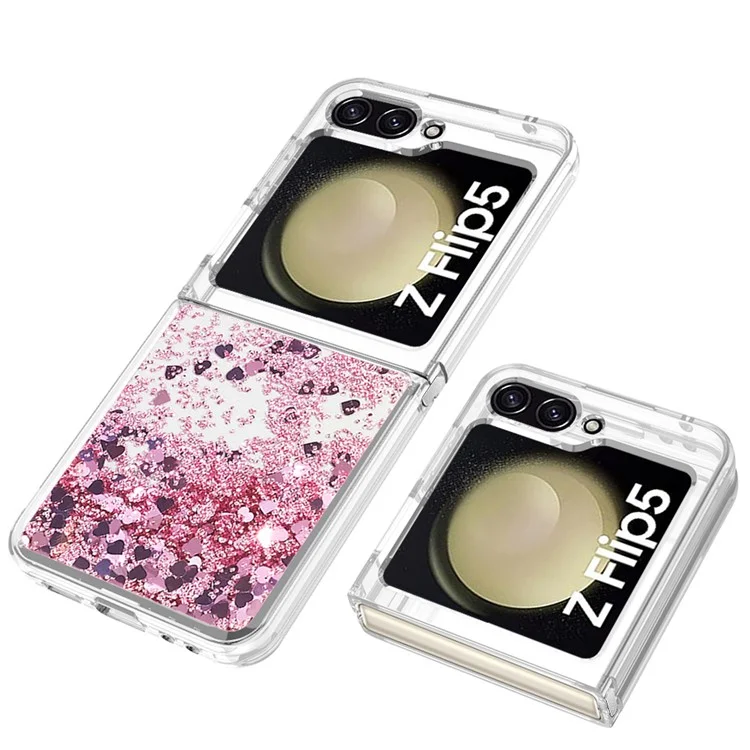 YB Quicksand Series-1 Liquid Phone Case for Samsung Galaxy Z Flip5 5G, Funda protectora de TPU suave con purpurina flotante - Oro rosa / Corazones