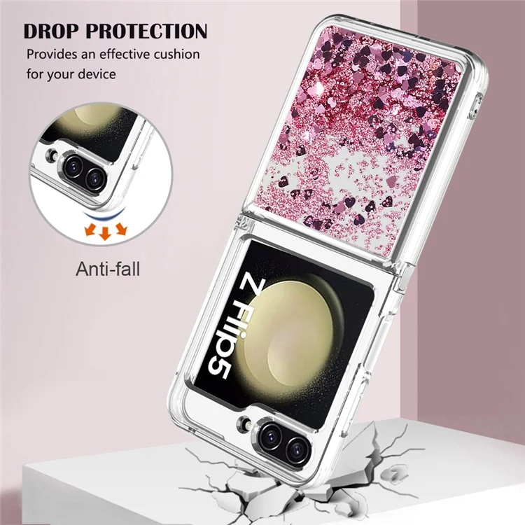 YB Quicksand Series-1 Liquid Phone Case for Samsung Galaxy Z Flip5 5G, Funda protectora de TPU suave con purpurina flotante - Oro rosa / Corazones