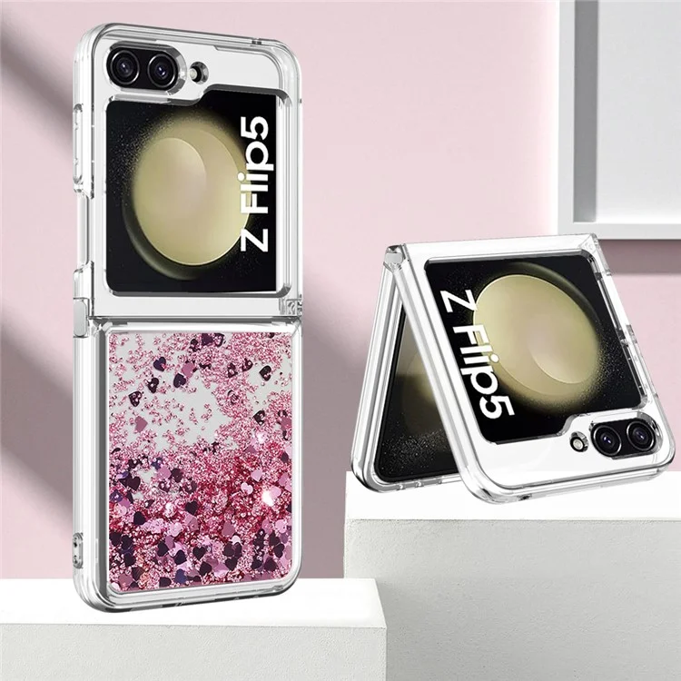 YB Quicksand Series-1 Liquid Phone Case for Samsung Galaxy Z Flip5 5G, Funda protectora de TPU suave con purpurina flotante - Oro rosa / Corazones
