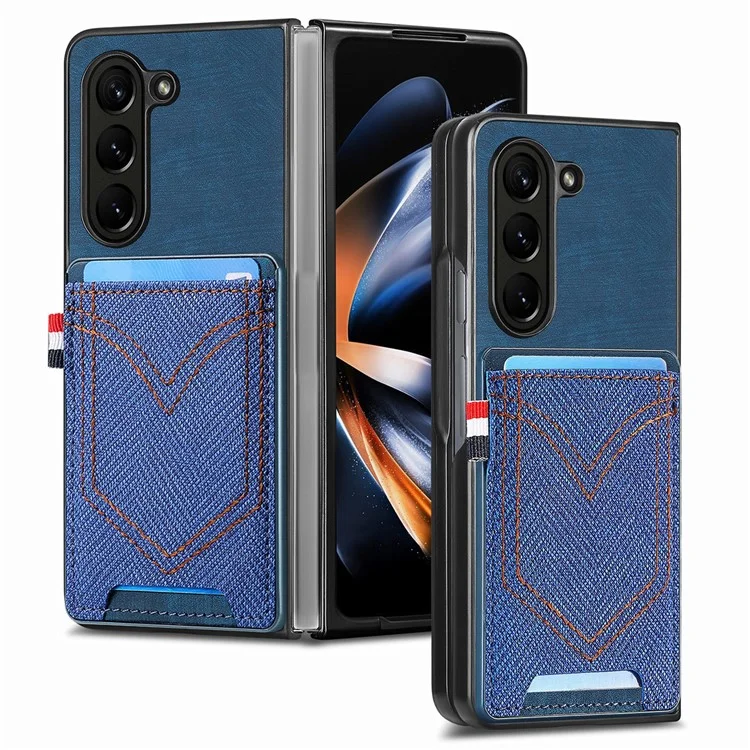 JUNSUNMAY Per Samsung Galaxy Z Fold5 5G Porta Carte Telefono Case Jeans Tessuto Texture PU+PC Cover Telefono - Blu