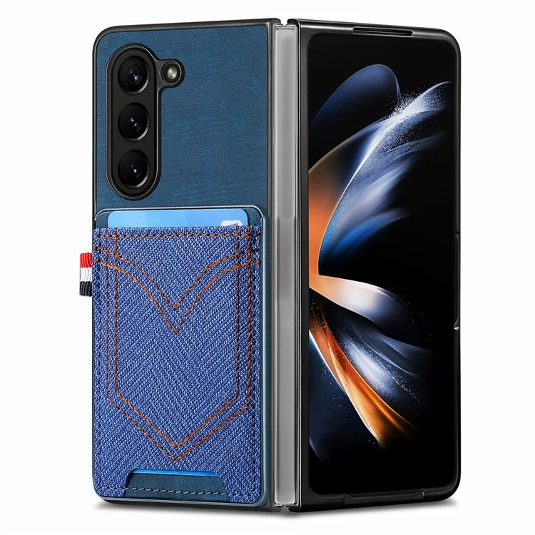 JUNSUNMAY Per Samsung Galaxy Z Fold5 5G Porta Carte Telefono Case Jeans Tessuto Texture PU+PC Cover Telefono - Blu