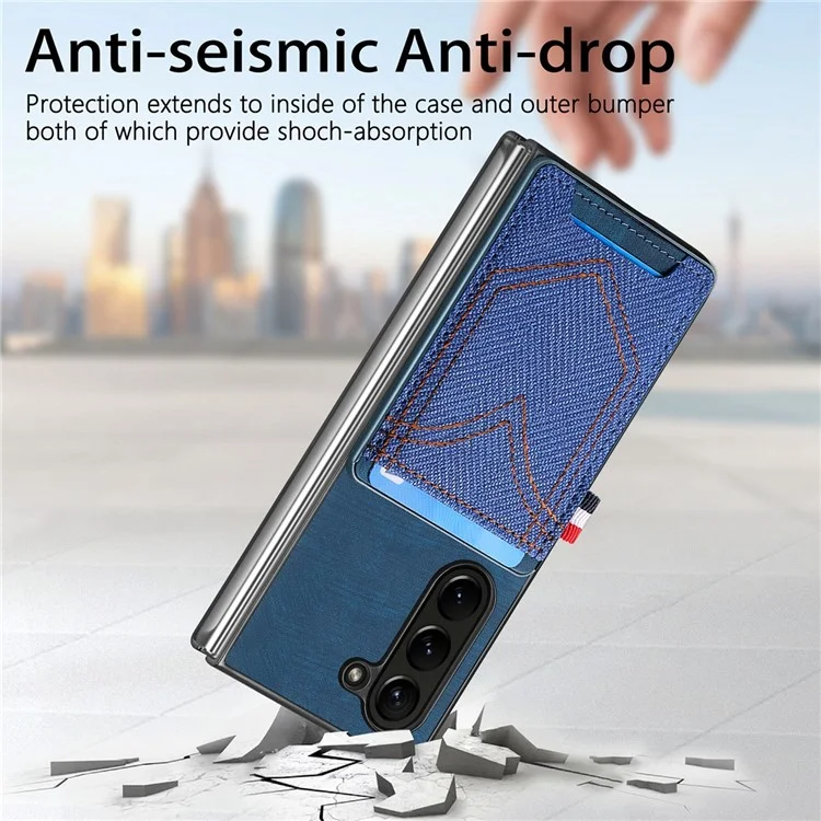 JUNSUNMAY Per Samsung Galaxy Z Fold5 5G Porta Carte Telefono Case Jeans Tessuto Texture PU+PC Cover Telefono - Blu