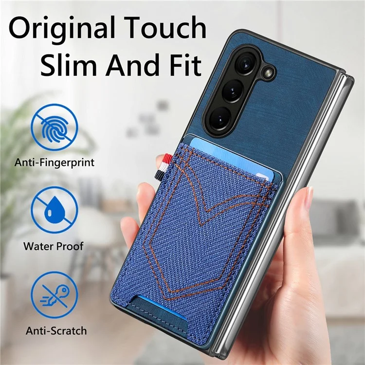 JUNSUNMAY Per Samsung Galaxy Z Fold5 5G Porta Carte Telefono Case Jeans Tessuto Texture PU+PC Cover Telefono - Blu