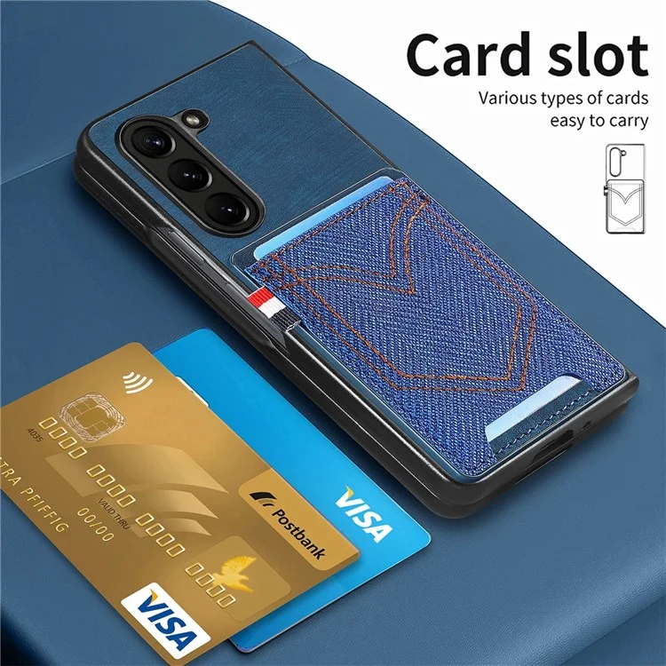 JUNSUNMAY Per Samsung Galaxy Z Fold5 5G Porta Carte Telefono Case Jeans Tessuto Texture PU+PC Cover Telefono - Blu