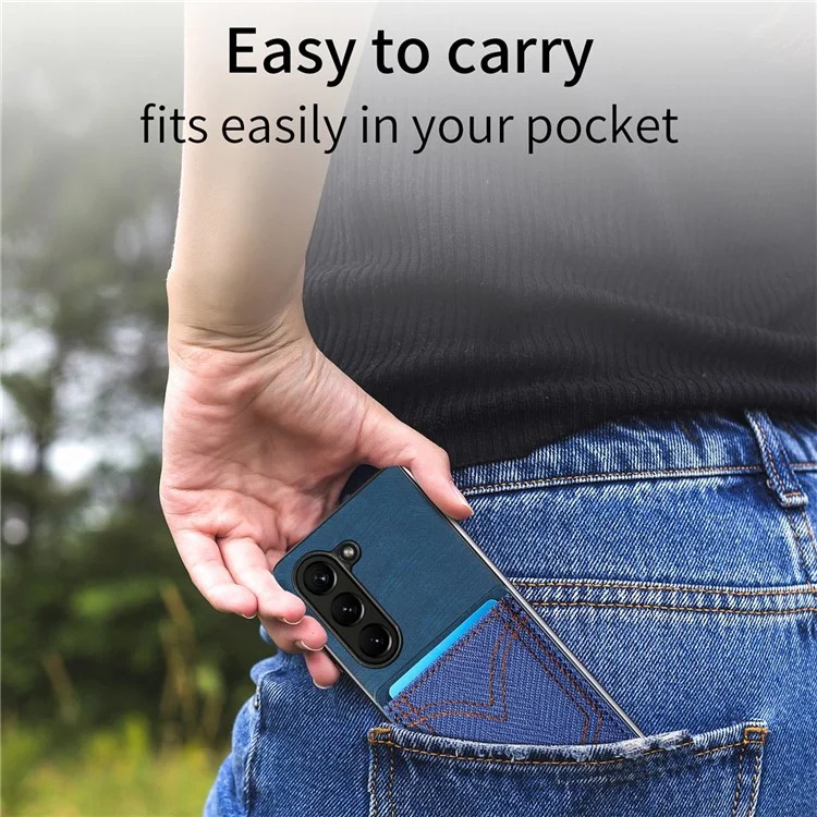 JUNSUNMAY Per Samsung Galaxy Z Fold5 5G Porta Carte Telefono Case Jeans Tessuto Texture PU+PC Cover Telefono - Blu