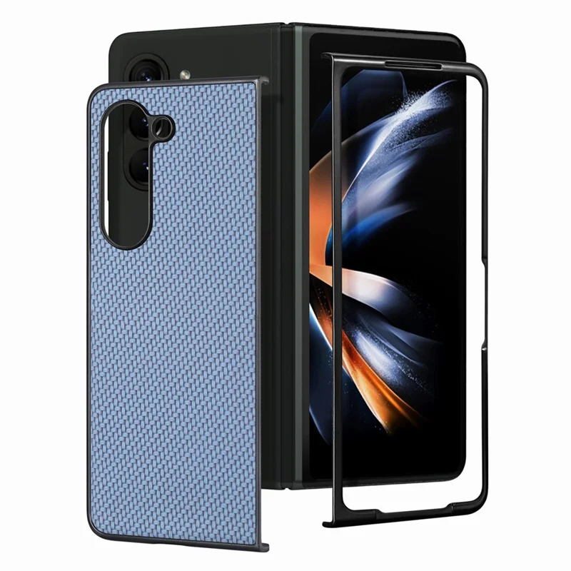 JUNSUNMAY Protective Case for Samsung Galaxy Z Fold5 5G Carbon Fiber Texture PU+PC Phone Shell - Blue