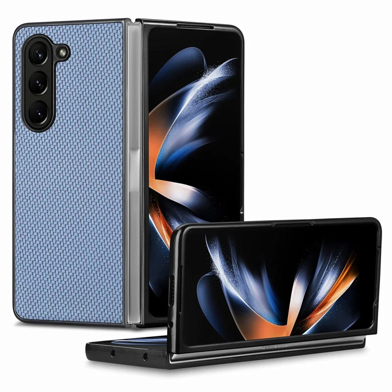 JUNSUNMAY Protective Case for Samsung Galaxy Z Fold5 5G Carbon Fiber Texture PU+PC Phone Shell - Blue