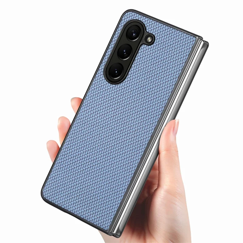 JUNSUNMAY Protective Case for Samsung Galaxy Z Fold5 5G Carbon Fiber Texture PU+PC Phone Shell - Blue