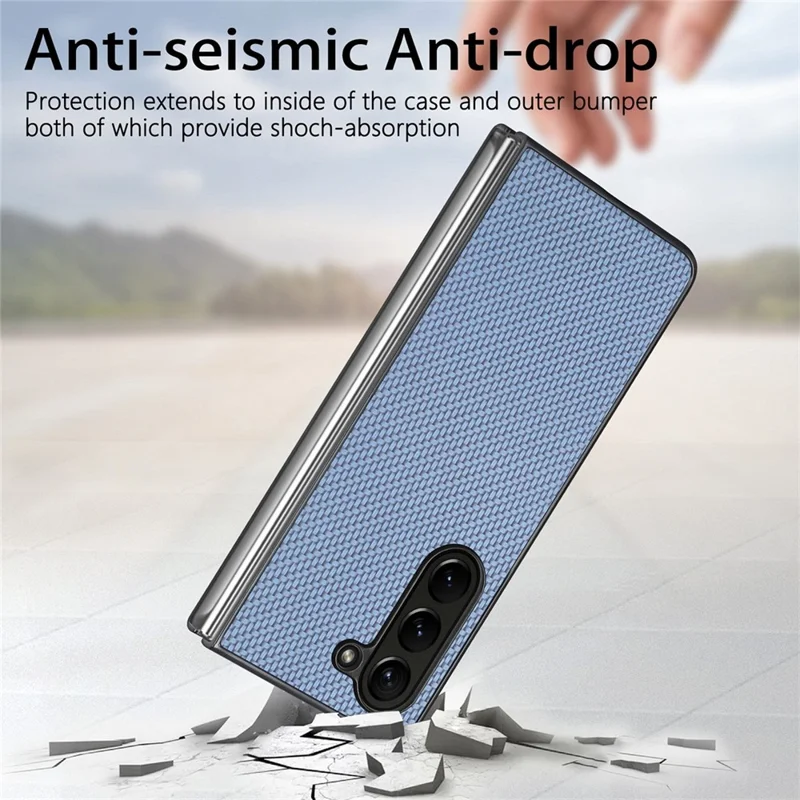 JUNSUNMAY Protective Case for Samsung Galaxy Z Fold5 5G Carbon Fiber Texture PU+PC Phone Shell - Blue