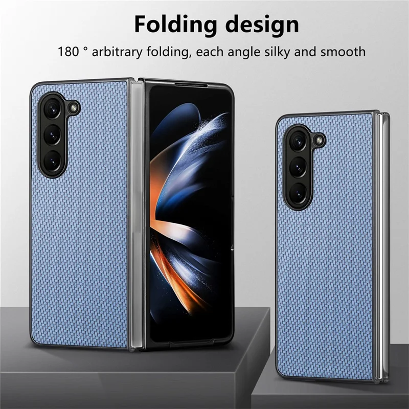 JUNSUNMAY Protective Case for Samsung Galaxy Z Fold5 5G Carbon Fiber Texture PU+PC Phone Shell - Blue