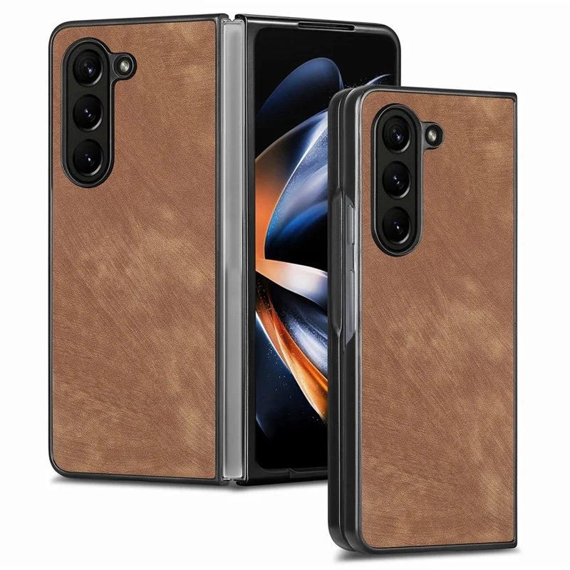 JUNSUNMAY til Samsung Galaxy Z Fold5 5G slank telefonbeskytter mod fald med retrostruktur af PU-læder + PC inderskelet - Brun