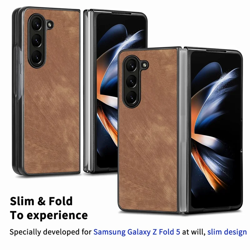 JUNSUNMAY til Samsung Galaxy Z Fold5 5G slank telefonbeskytter mod fald med retrostruktur af PU-læder + PC inderskelet - Brun