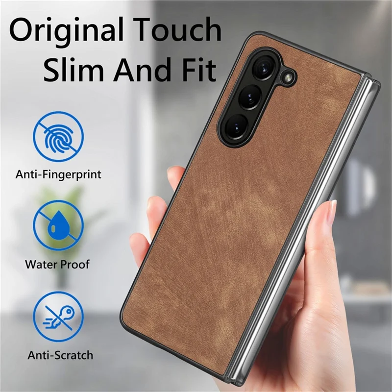 JUNSUNMAY til Samsung Galaxy Z Fold5 5G slank telefonbeskytter mod fald med retrostruktur af PU-læder + PC inderskelet - Brun