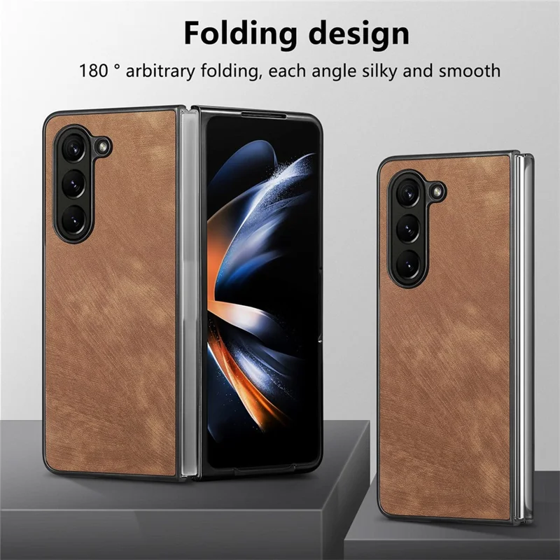 JUNSUNMAY til Samsung Galaxy Z Fold5 5G slank telefonbeskytter mod fald med retrostruktur af PU-læder + PC inderskelet - Brun