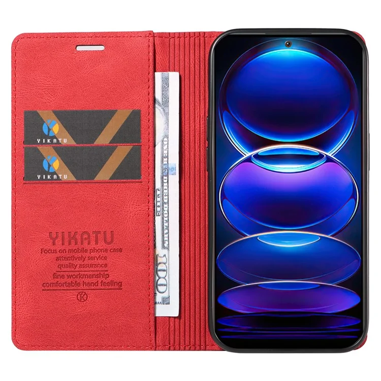 YIKATU YK-004 Para Xiaomi Redmi Note 12 5G (China) / (India) / (Global) / Poco X5 5G Funda de Cartera Libro con Tapa de Piel Sintética Táctil - Rojo