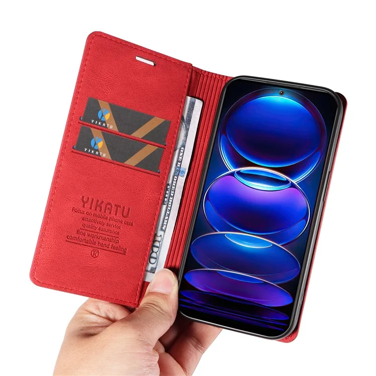 YIKATU YK-004 Para Xiaomi Redmi Note 12 5G (China) / (India) / (Global) / Poco X5 5G Funda de Cartera Libro con Tapa de Piel Sintética Táctil - Rojo