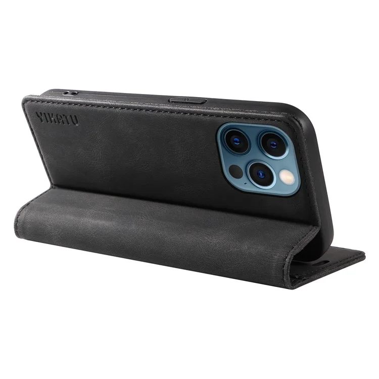 YIKATU YK-004 Pour iPhone 12 / 12 Pro 6.1 pouces Étui portefeuille en cuir PU avec fermeture magnétique et support de téléphone - Noir