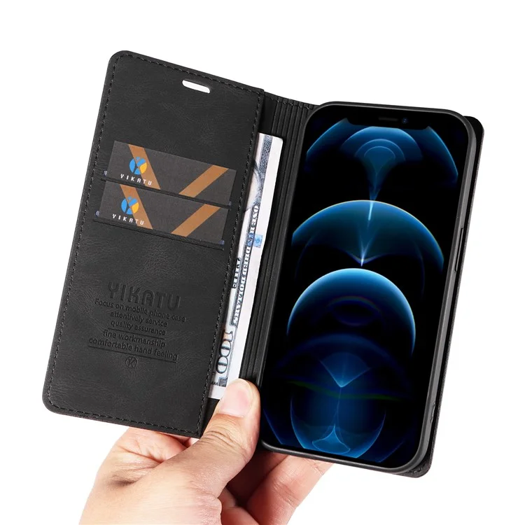 YIKATU YK-004 Pour iPhone 12 / 12 Pro 6.1 pouces Étui portefeuille en cuir PU avec fermeture magnétique et support de téléphone - Noir