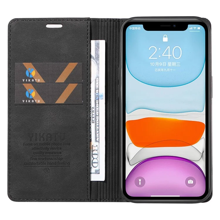 YIKATU YK-004 Funda de Cartera con Tapa Tipo Billetera y Soporte para iPhone 11, Piel Suave al Tacto, Anticaídas - Negro