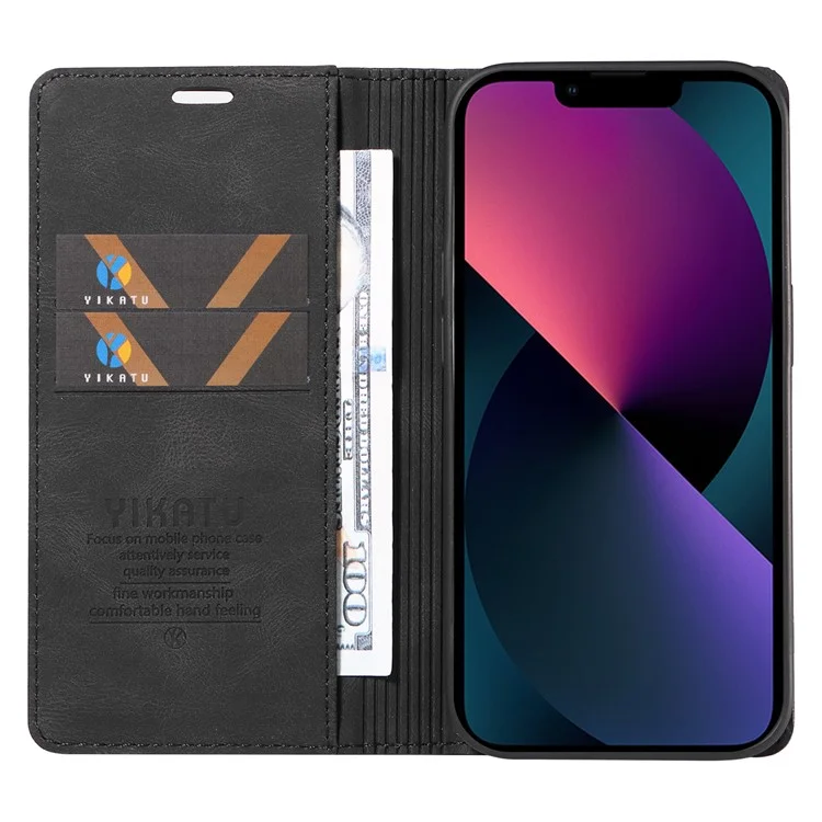 YIKATU YK-004 For iPhone 15 Magnetic Auto-absorbed PU Leather Shell Phone Wallet Stand Cover - Black