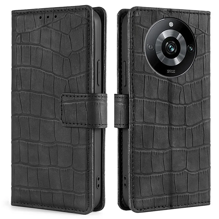 For Realme 11 Pro 5G / 11 Pro+ 5G Skin-touch PU Leather Crocodile Texture Phone Cover Stand Wallet Case - Black