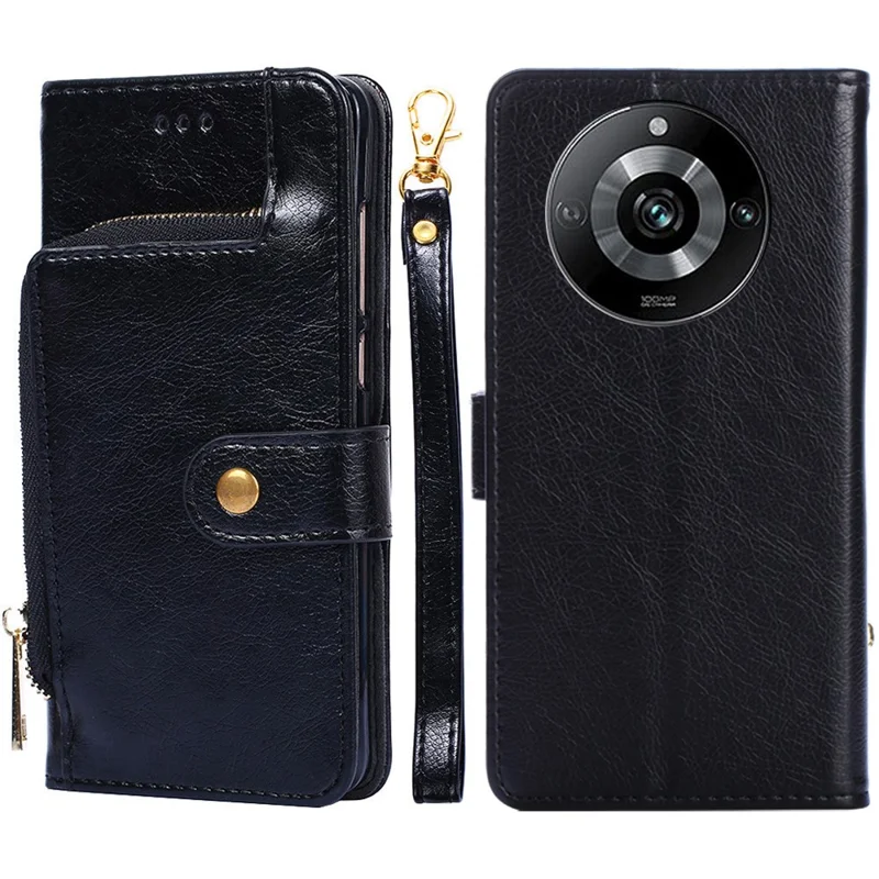 Per Realme 11 Pro 5G / 11 Pro+ 5G Stand Wallet Case Anti-drop Zipper Pocket PU Leather Phone Cover with Strap - Nero