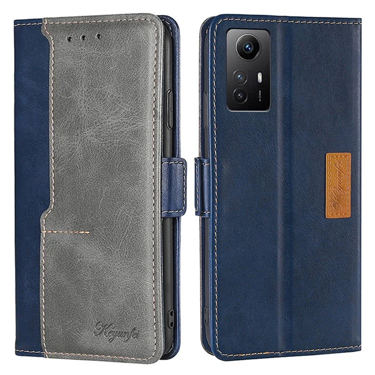 Phone Cover for Xiaomi Redmi Note 12S 4G , PU Leather Wallet Case Stand Dual-Color Phone Shell - Blue+Grey
