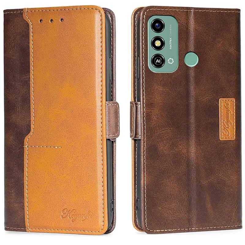 For ZTE Blade A53 PU Leather Wallet Case Flip Stand Contrast Color Phone Cover - Dark Brown+Gold