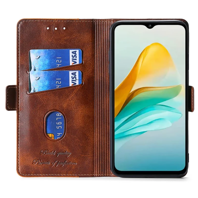 For ZTE Blade A53 PU Leather Wallet Case Flip Stand Contrast Color Phone Cover - Dark Brown+Gold