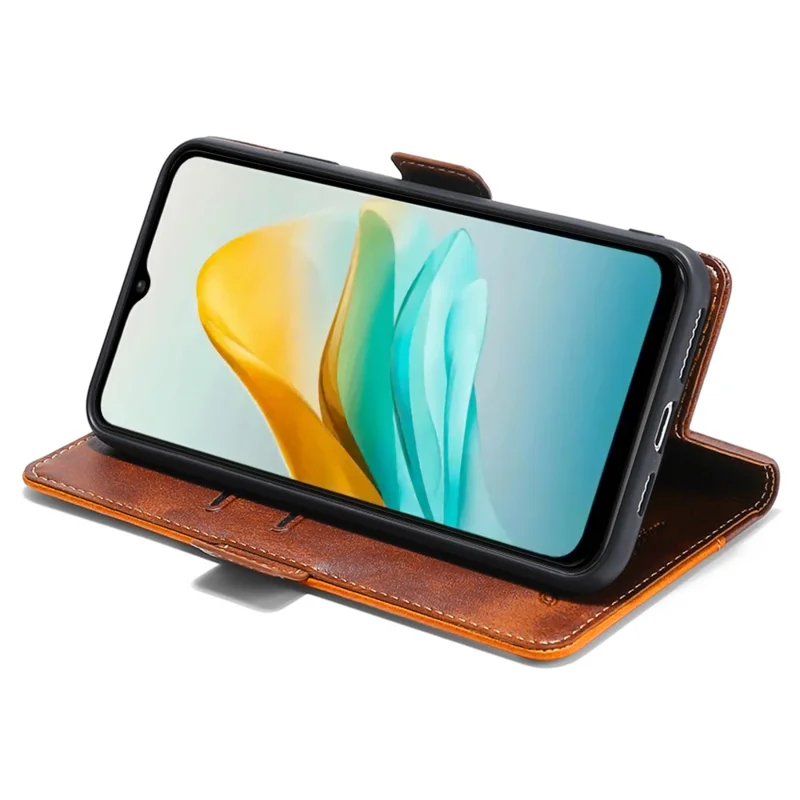 For ZTE Blade A53 PU Leather Wallet Case Flip Stand Contrast Color Phone Cover - Dark Brown+Gold