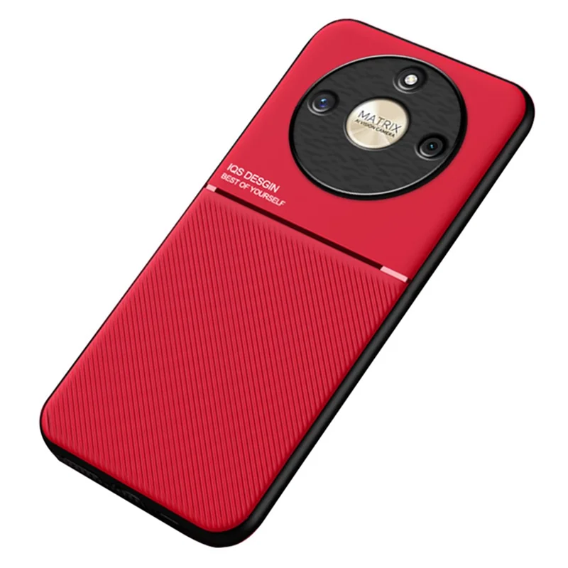 Lines Imprinted PU Leather+TPU Case for Honor X50 , Phone Cover with Car Mount Metal Sheet - Red